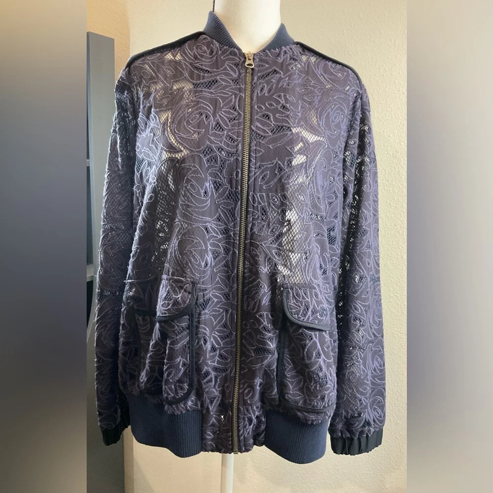 Anthropologie Elevenses Navy Blue Lace Bomber Jacket - Picture 4 of 16
